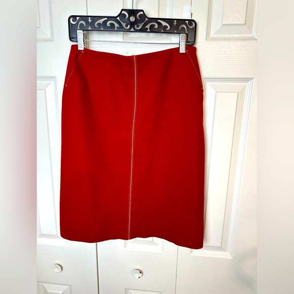 Vintage J.CREW A-Line Skirt Wool Blends Red Maroon Tan Piping Stitching Pockets - Picture 2 of 12